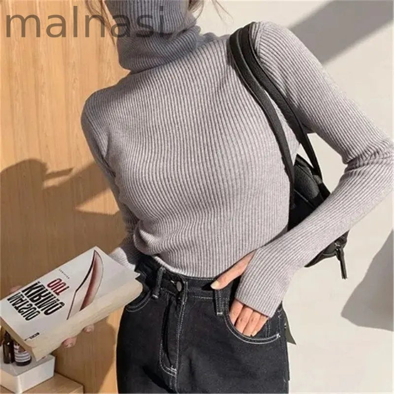 Fashion Stack Collar Solid Color Turtleneck Slim Fit Casual Soft Knit Sweater