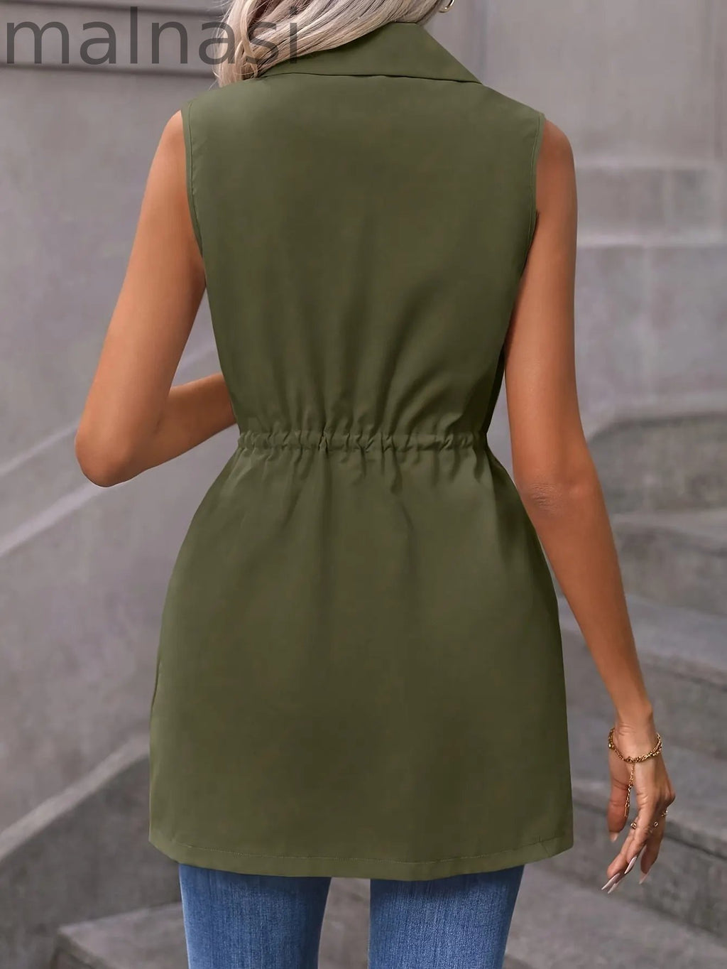 Solid Color Drawstring Vest, Elegant Sleeveless Open Front Vest For Spring & Summer, Women's Clothing