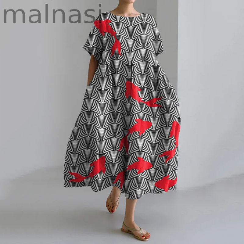 Japanese Goldfish Art Print Loose Short Sleeve Midi Dress