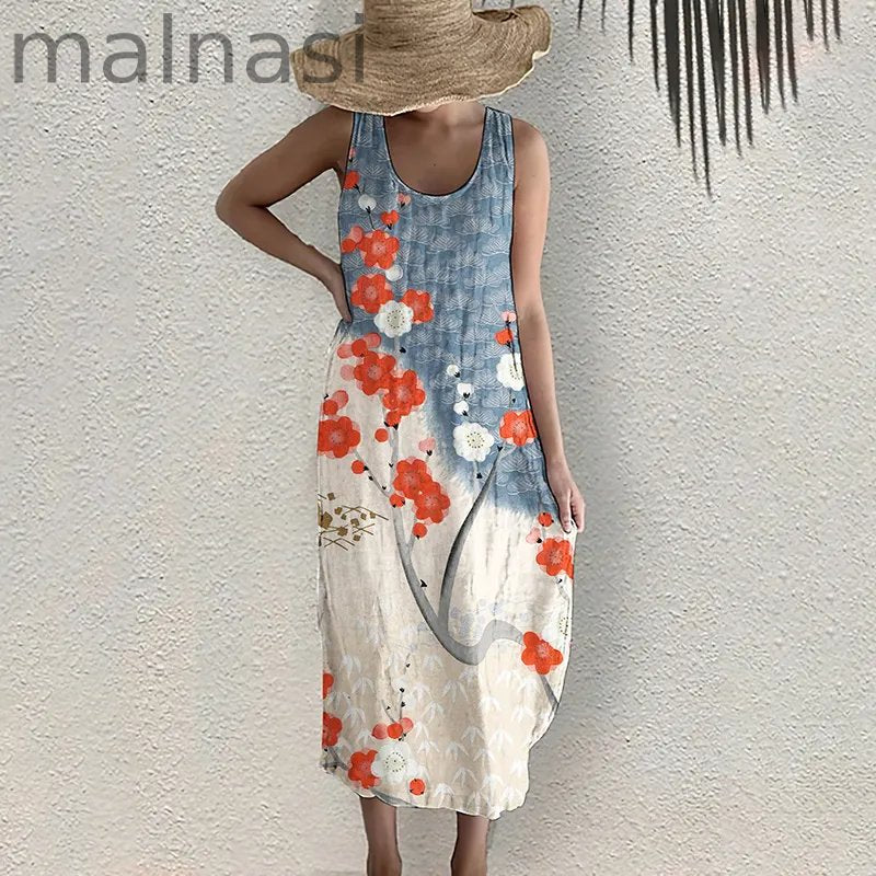 Japanese Art Flower Print Sleeveless Casual Midi Dress
