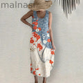Japanese Art Flower Print Sleeveless Casual Midi Dress