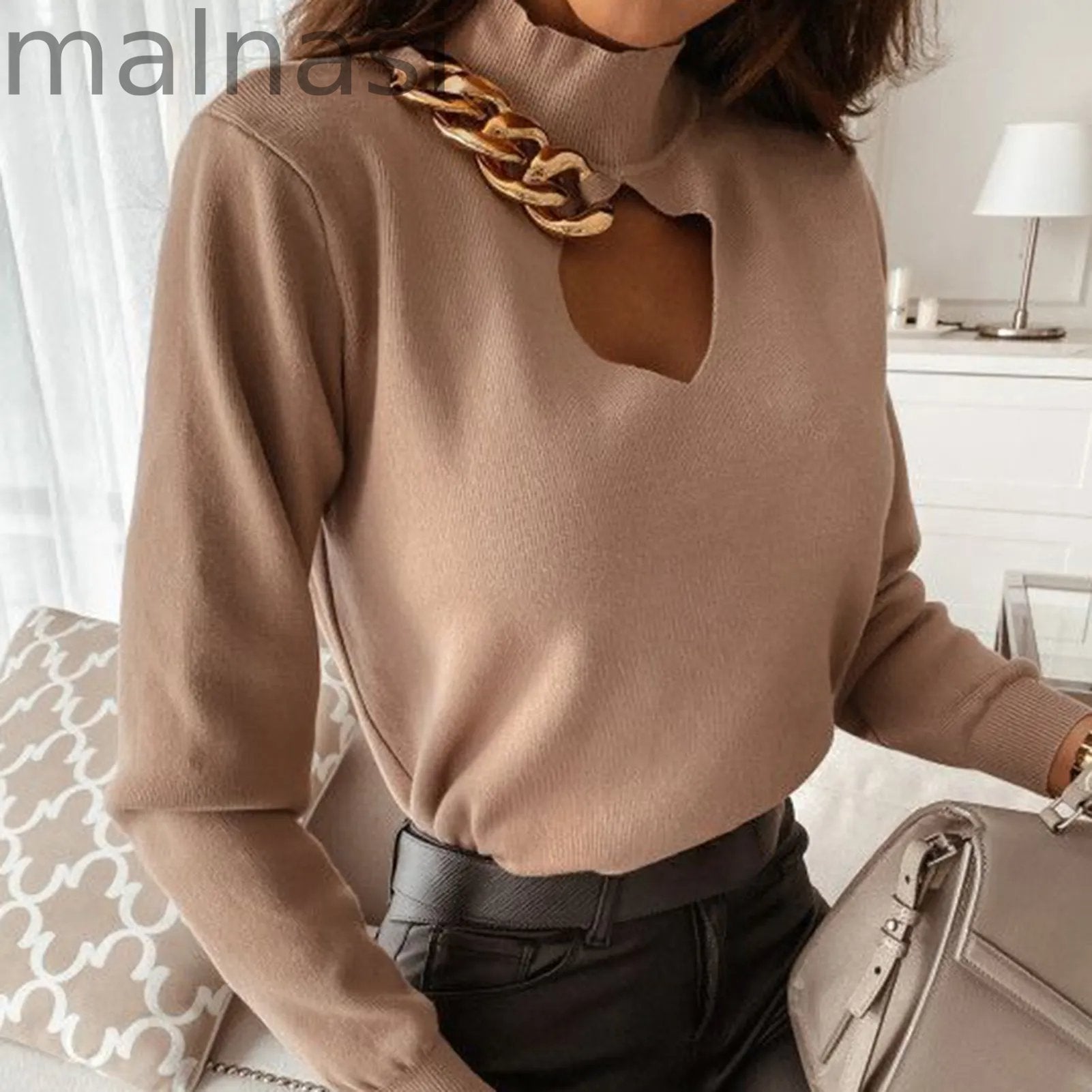 Sexy Top Cutout Chain Long Sleeve Turtleneck Elegant Knit Sweater