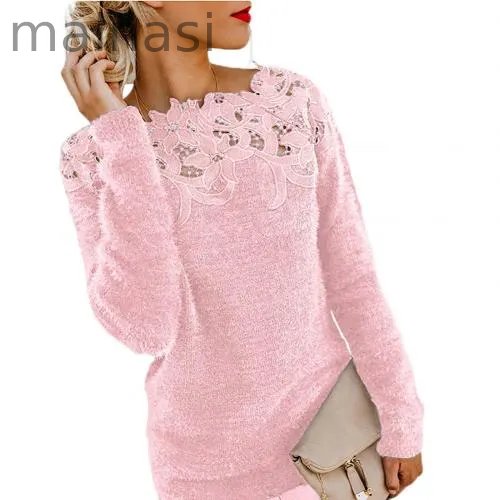 Loose Fashion Solid Color Long Sleeve O Neck Floral Lace Sweater