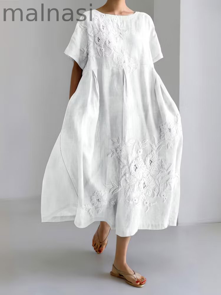 Floral Lace Embroidery Art Linen Blend Maxi Dress