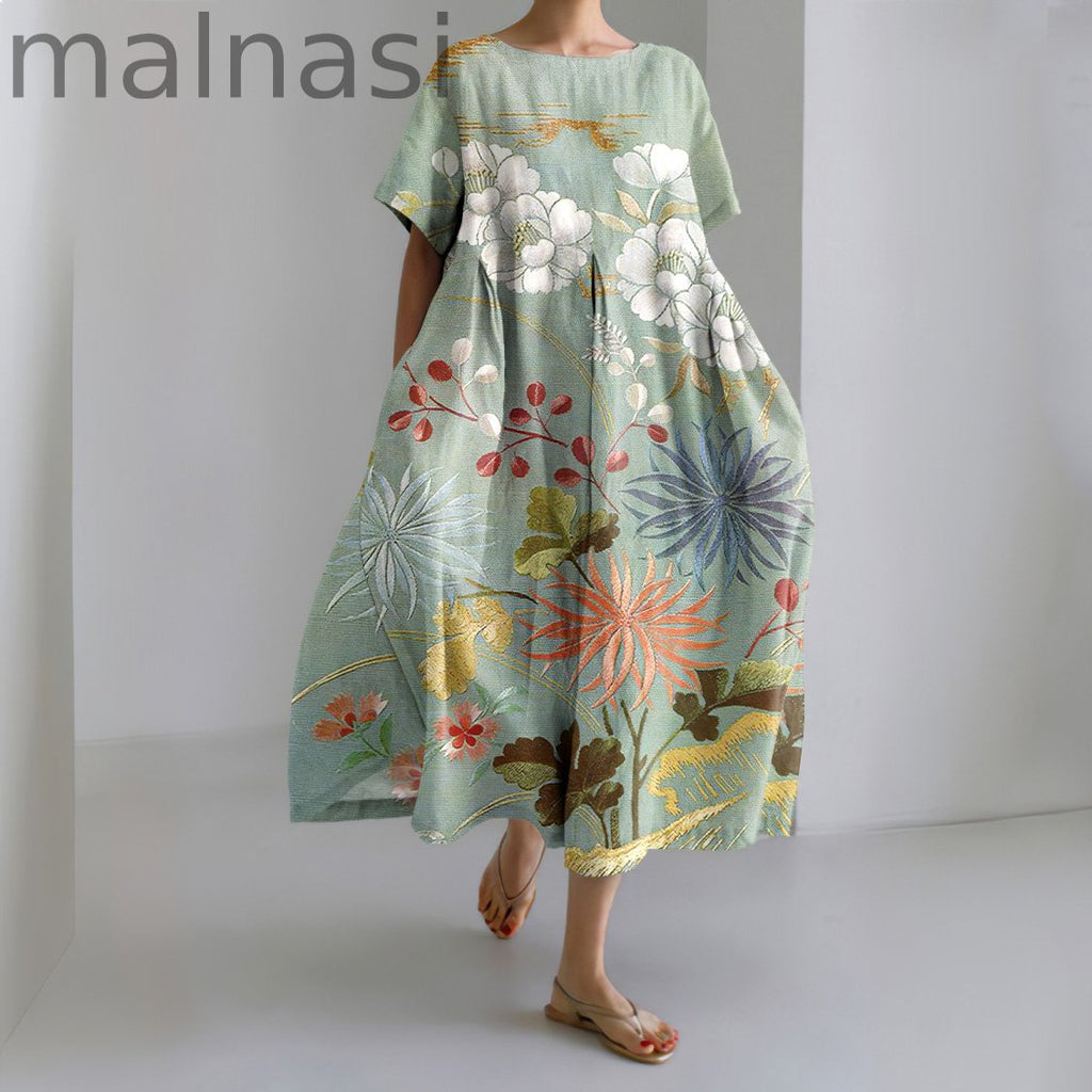 Japanese Art Flower Print Short Sleeve Loose Casual Midi Dress
