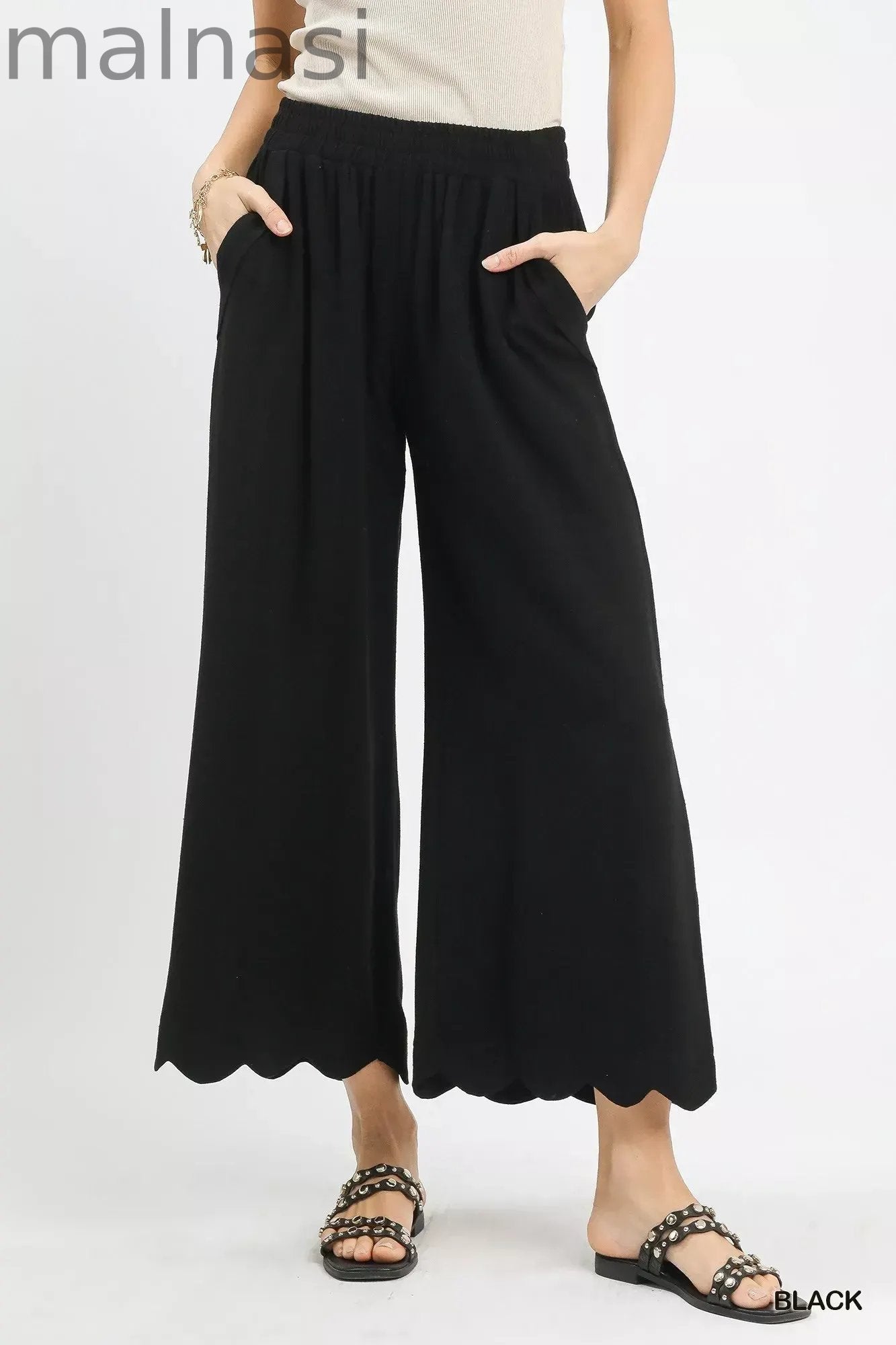 Linen Blend Scallop Hem Wide Leg Pants