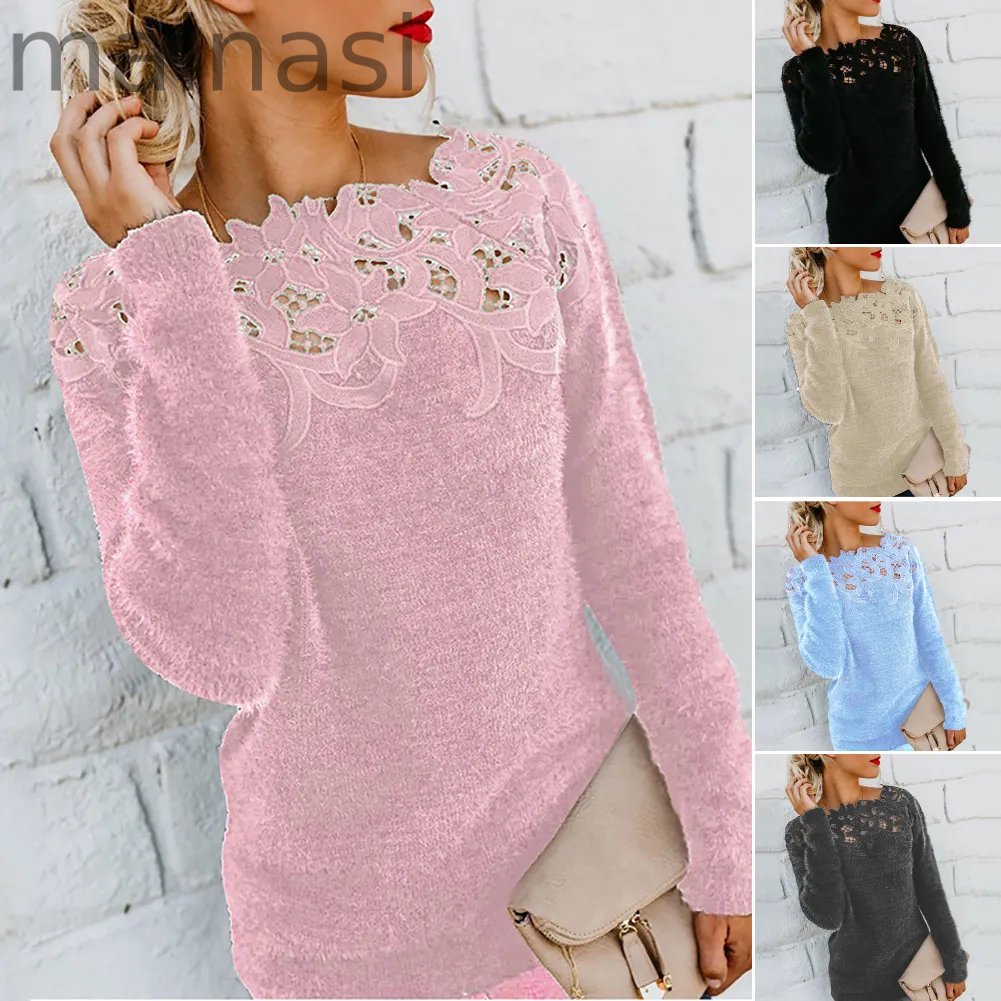 Loose Fashion Solid Color Long Sleeve O Neck Floral Lace Sweater