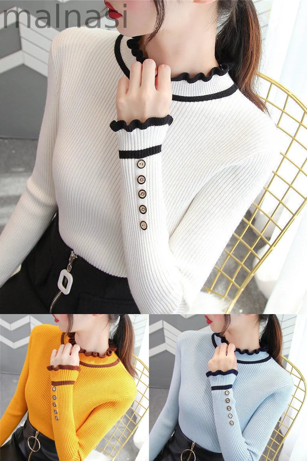 Sleek Button Ruffle Turtleneck Inside Slim Knit Sweaters