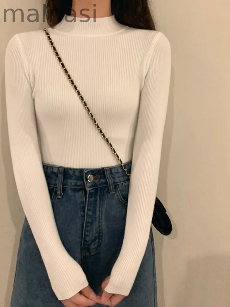 Fashion Long Sleeve Slim High Neck Solid Color Bottom Knit Sweater