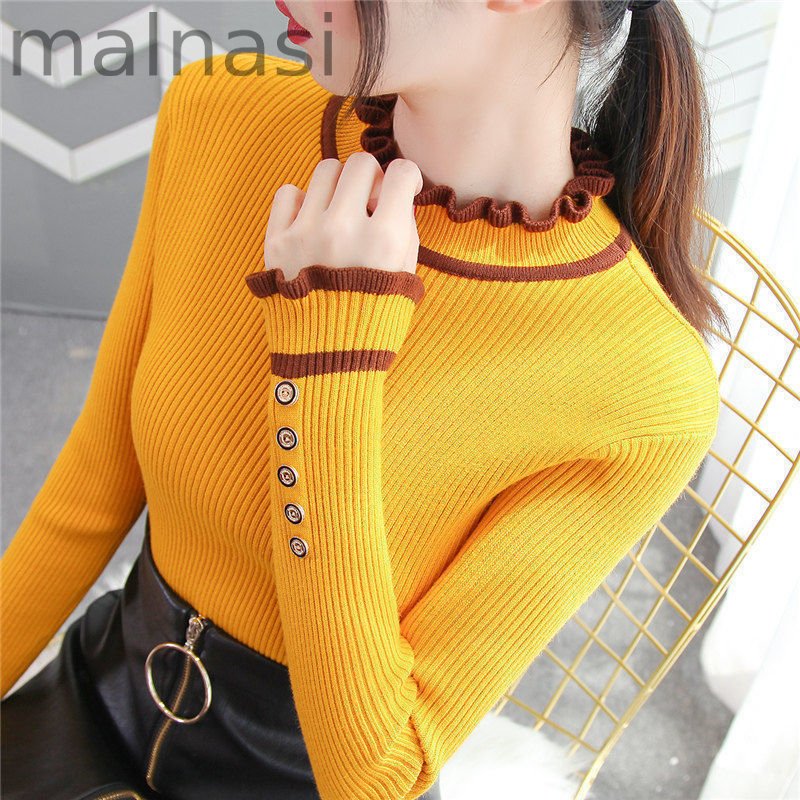 Sleek Button Ruffle Turtleneck Inside Slim Knit Sweaters