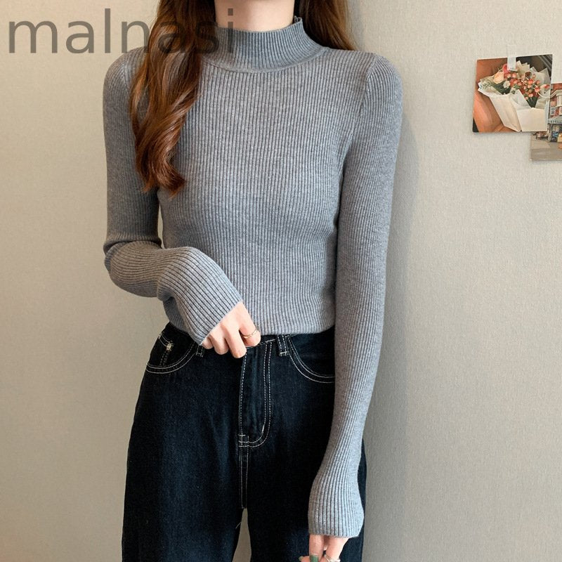 Fashion Long Sleeve Slim High Neck Solid Color Bottom Knit Sweater