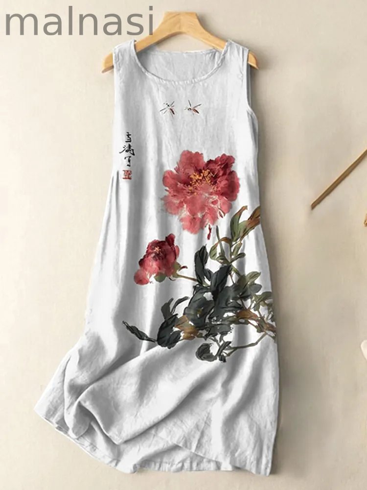 Vintage Japanese Ink Flower Calligraphy Art Print Sleeveless Cotton And Linen Midi Dress
