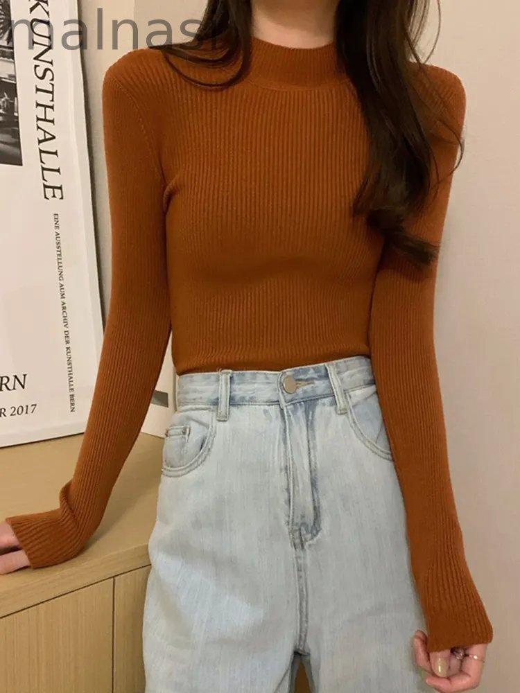Fashion Long Sleeve Slim High Neck Solid Color Bottom Knit Sweater