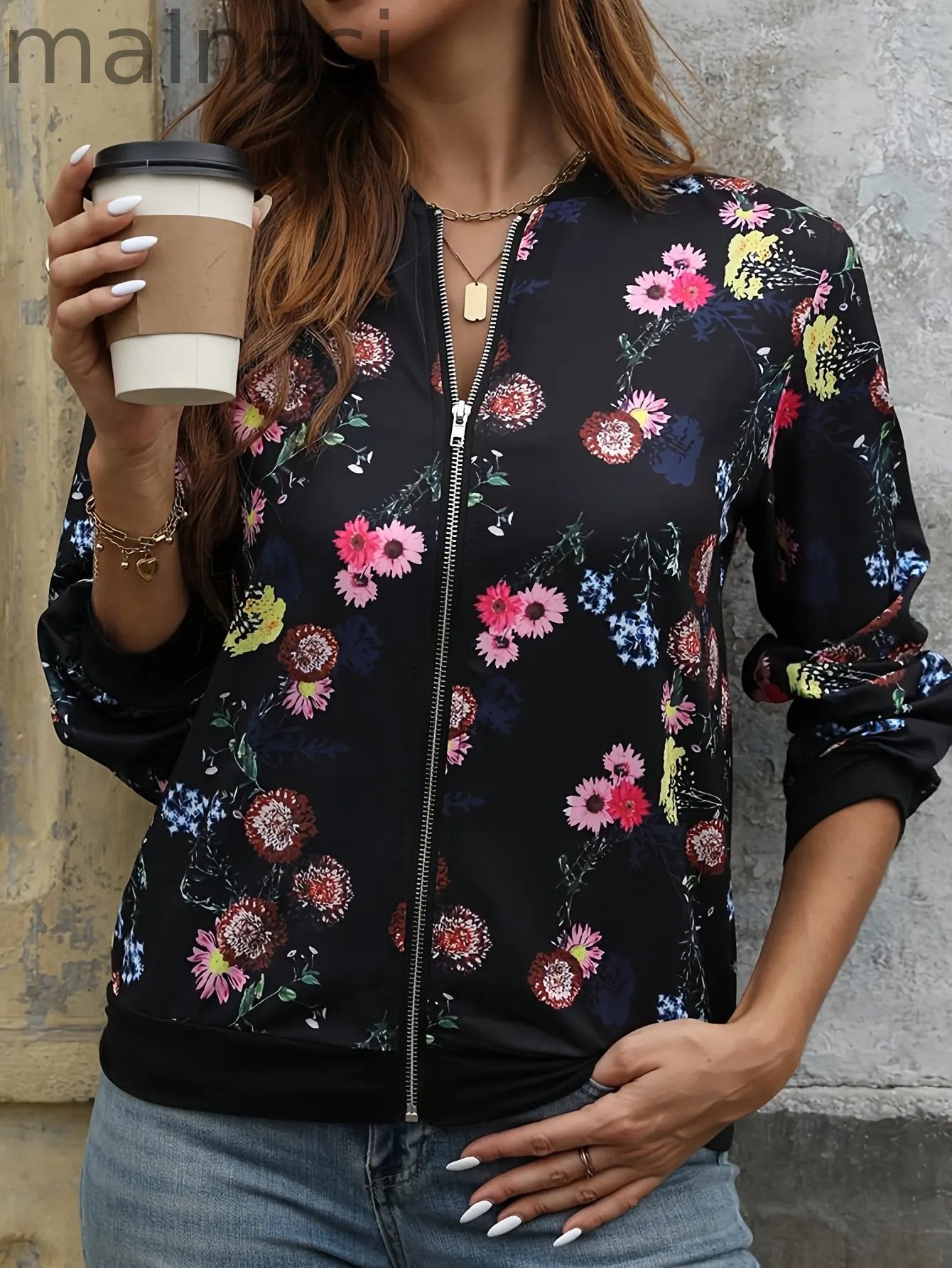 Zipper Front Floral Print Jacket, Elegant Long Sleeve Slim Jacket For Fall & Winter, Women's Clothing
