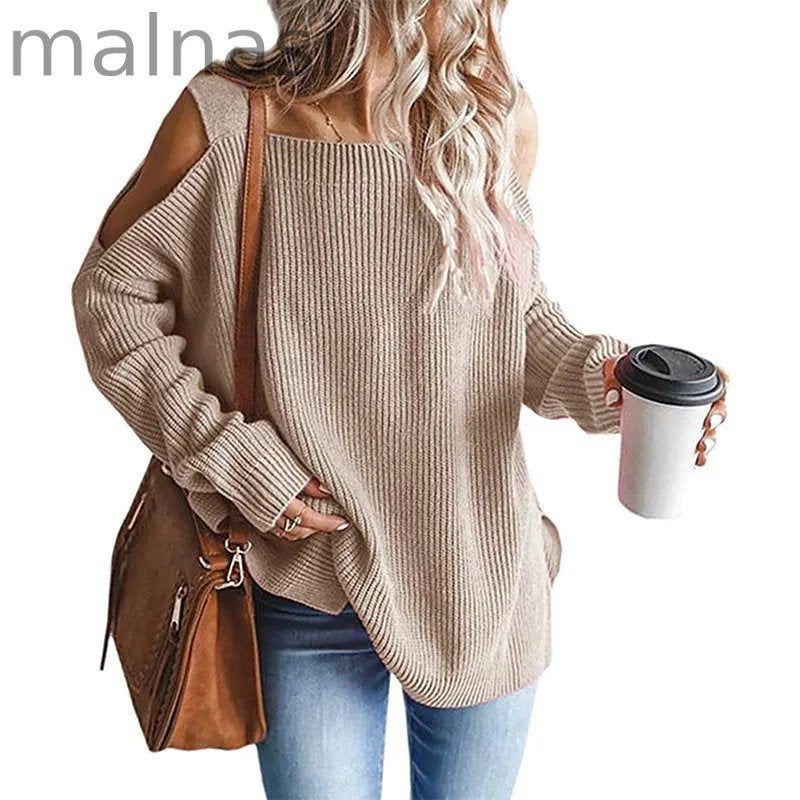 Women Off The Shoulder Top Hollow Out Knitted Pullovers Fashion Sweaters