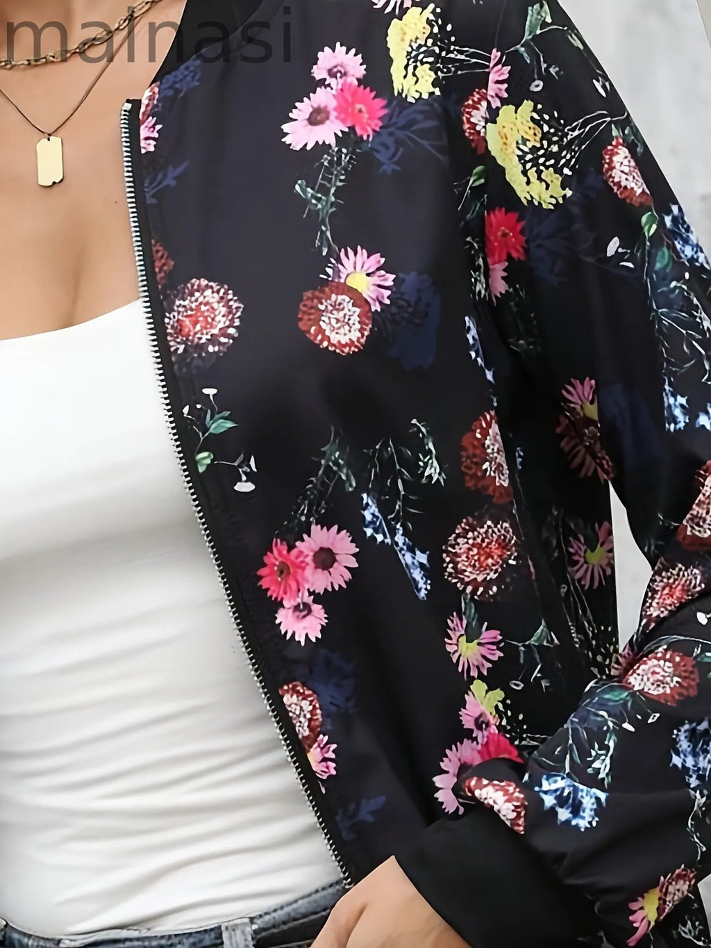 Zipper Front Floral Print Jacket, Elegant Long Sleeve Slim Jacket For Fall & Winter, Women's Clothing