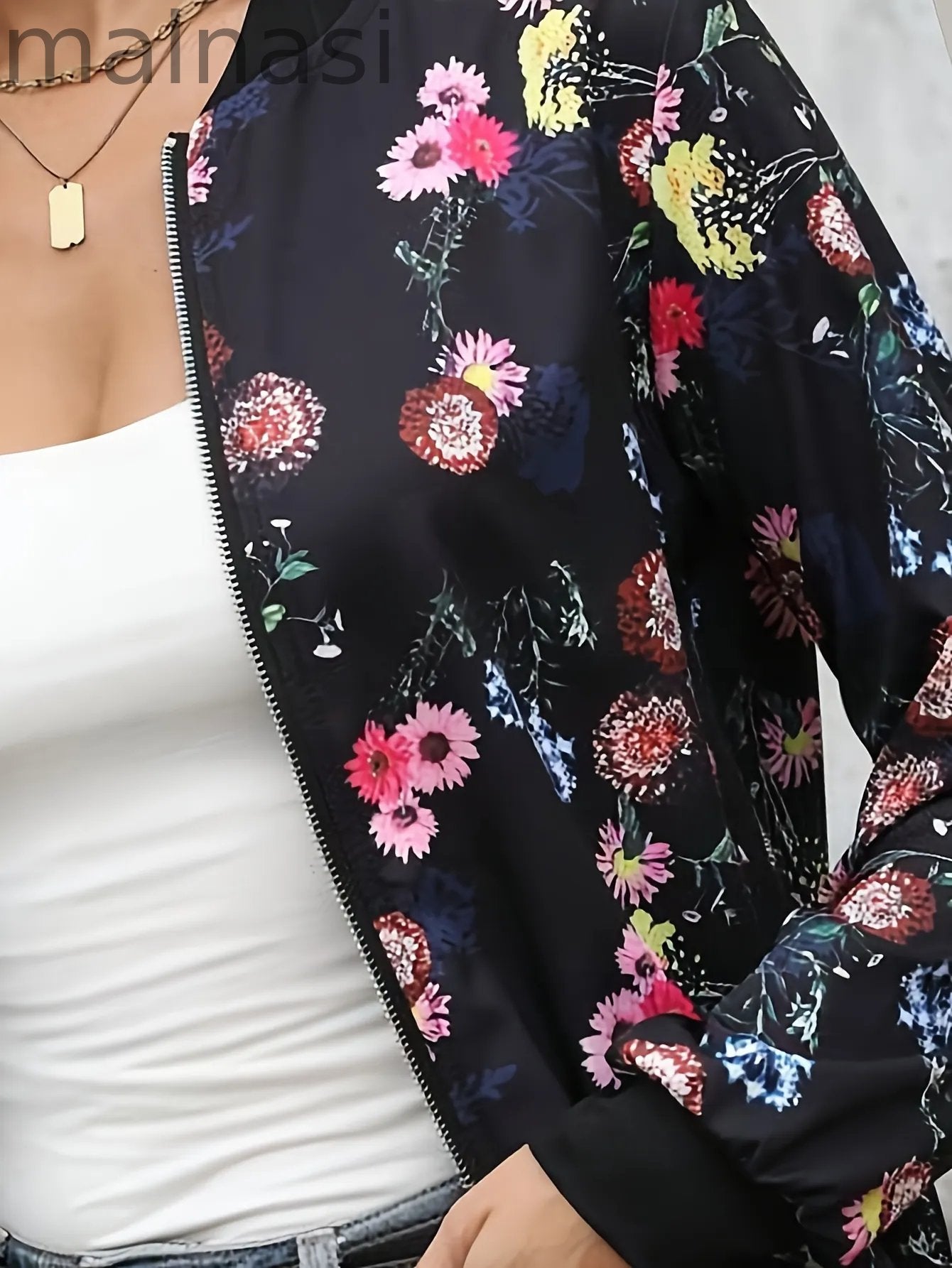 Zipper Front Floral Print Jacket, Elegant Long Sleeve Slim Jacket For Fall & Winter, Women's Clothing