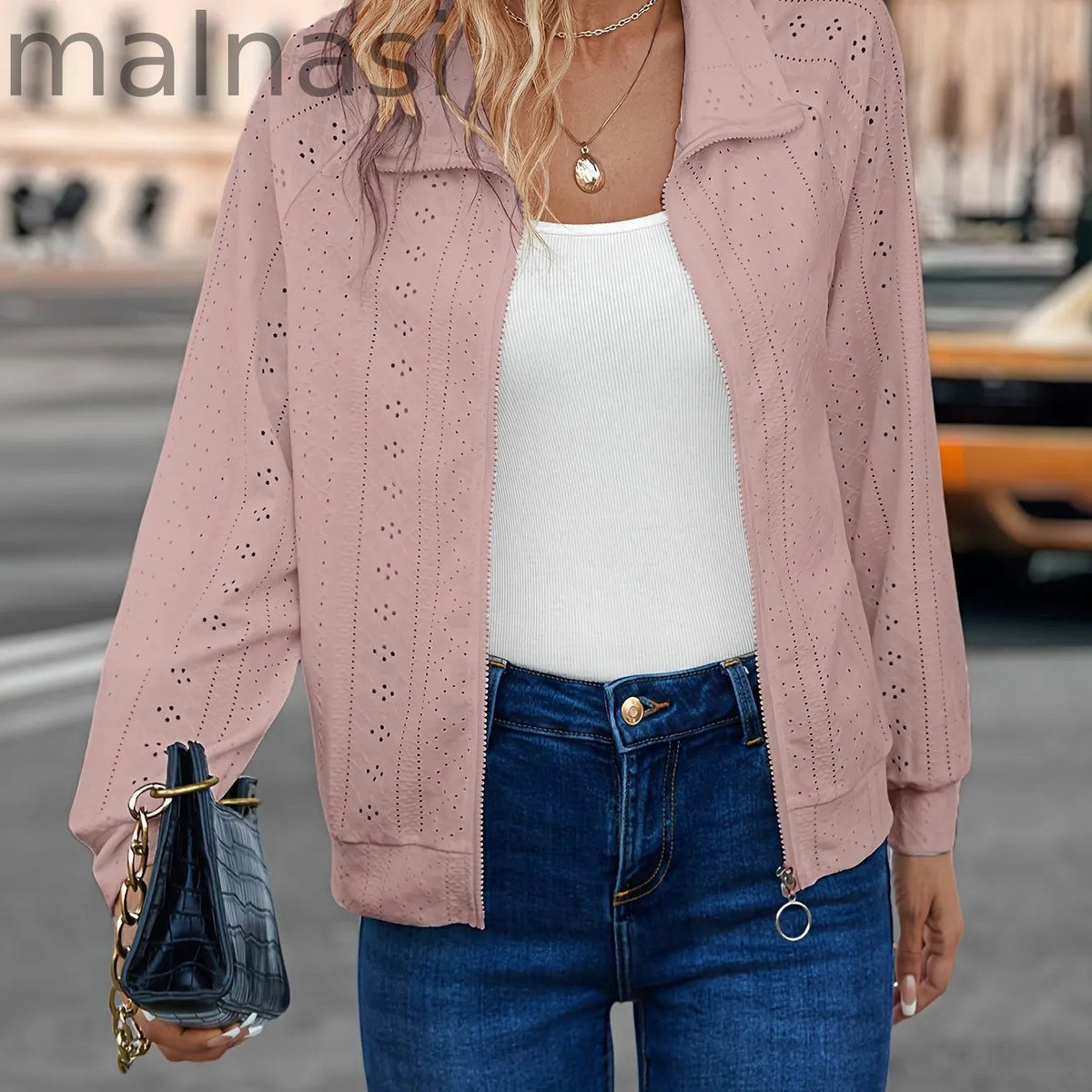Eyelet Solid Zip Up Jacket, Casual Long Sleeve Comfy Outerwear, Women's Clothing