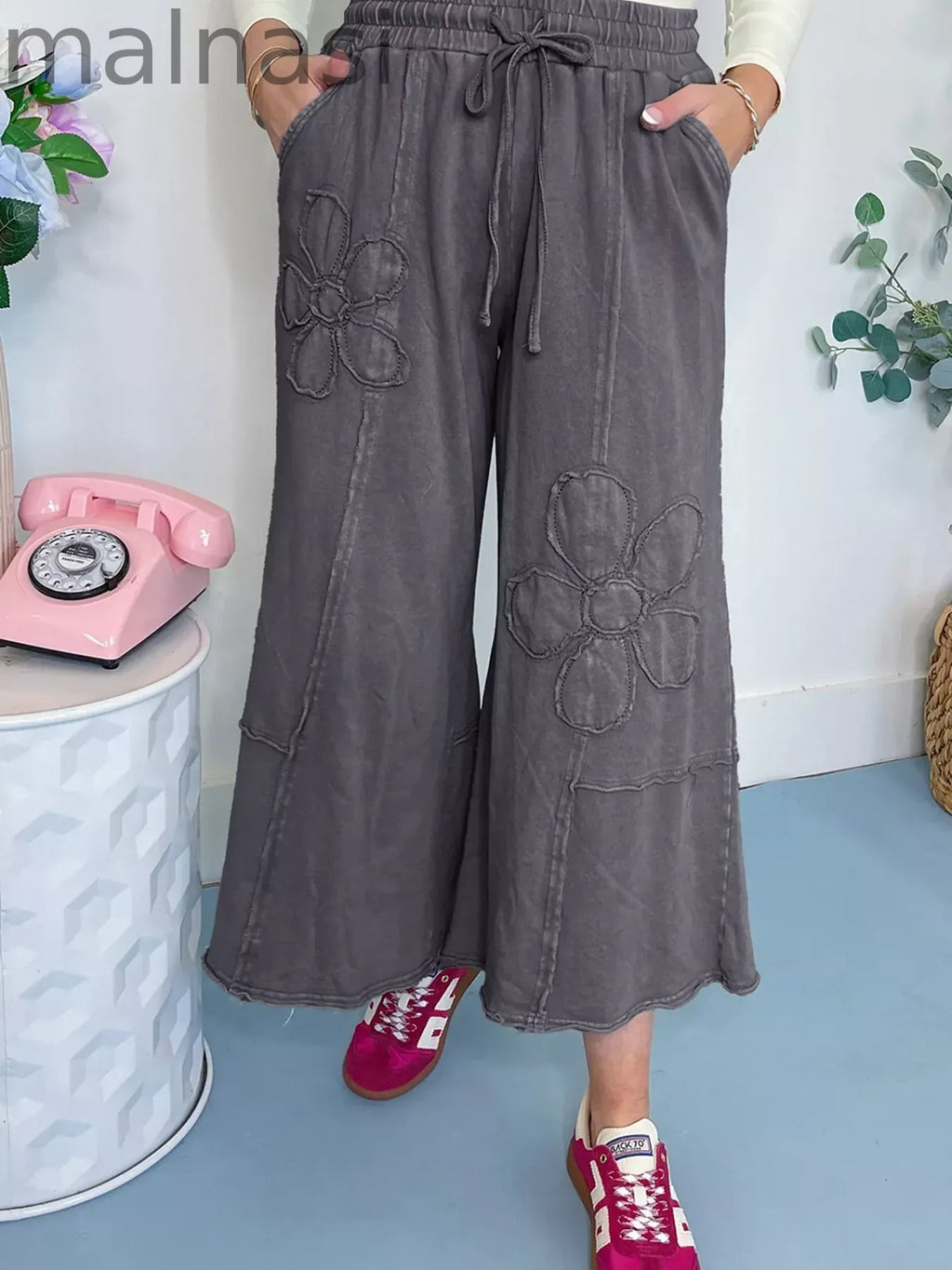 Flower Patch Mineral Washed Terry Knit Cropped Wide Leg Pants
