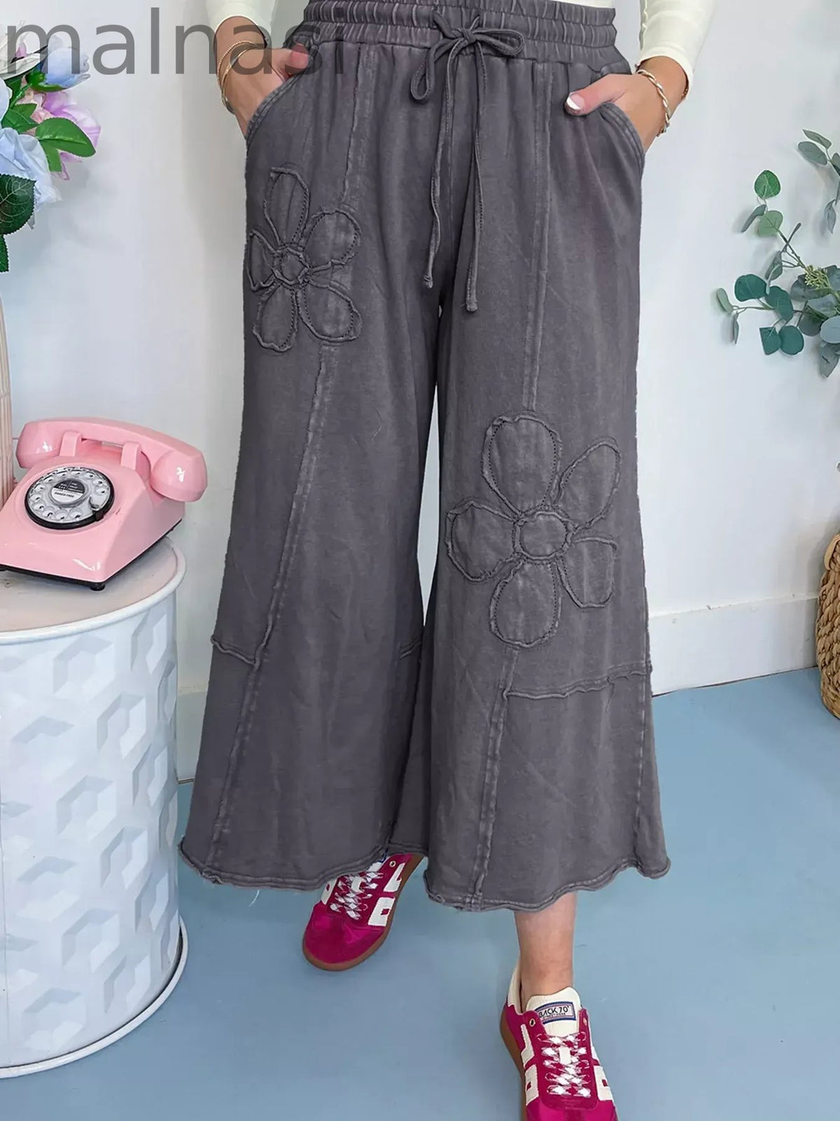 Flower Patch Mineral Washed Terry Knit Cropped Wide Leg Pants