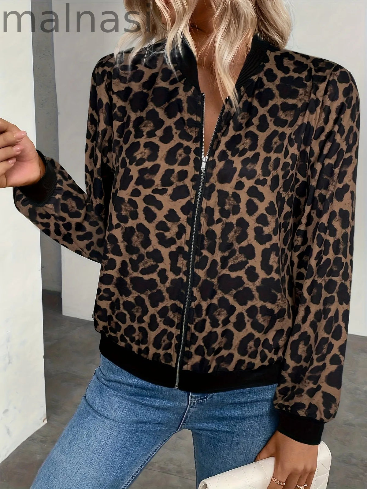 Women'S Elegant Leopard Print Zip-Up Casual Long Sleeve Jacket