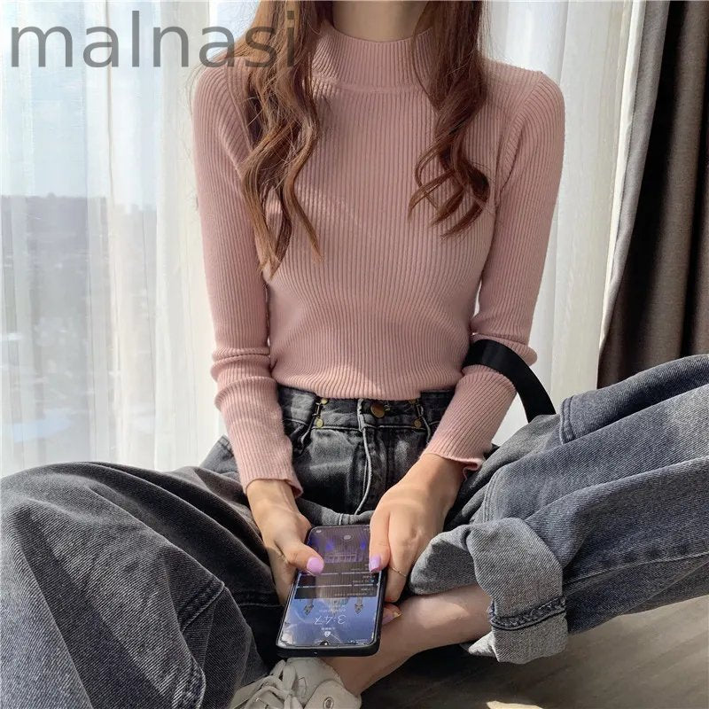 Fashion Long Sleeve Slim High Neck Solid Color Bottom Knit Sweater