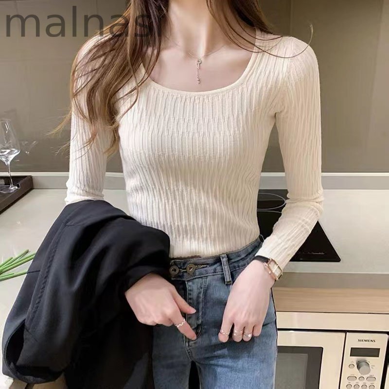 Fashion Knitted Bottoming Shirt Square Neck Long Sleeve Solid Color Top