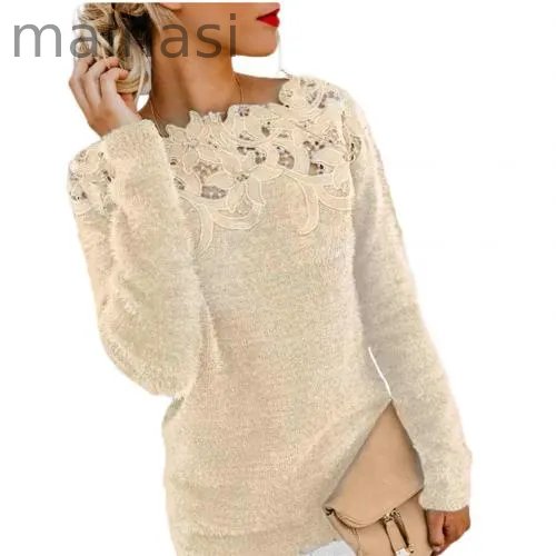 Loose Fashion Solid Color Long Sleeve O Neck Floral Lace Sweater