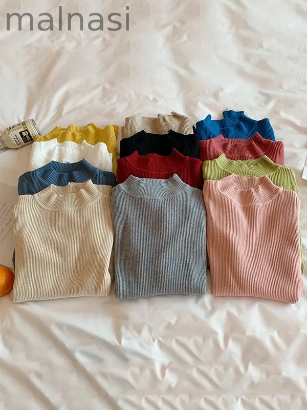 Casual Skinny Long Sleeves Solid Color High-Neck Sweater Tops