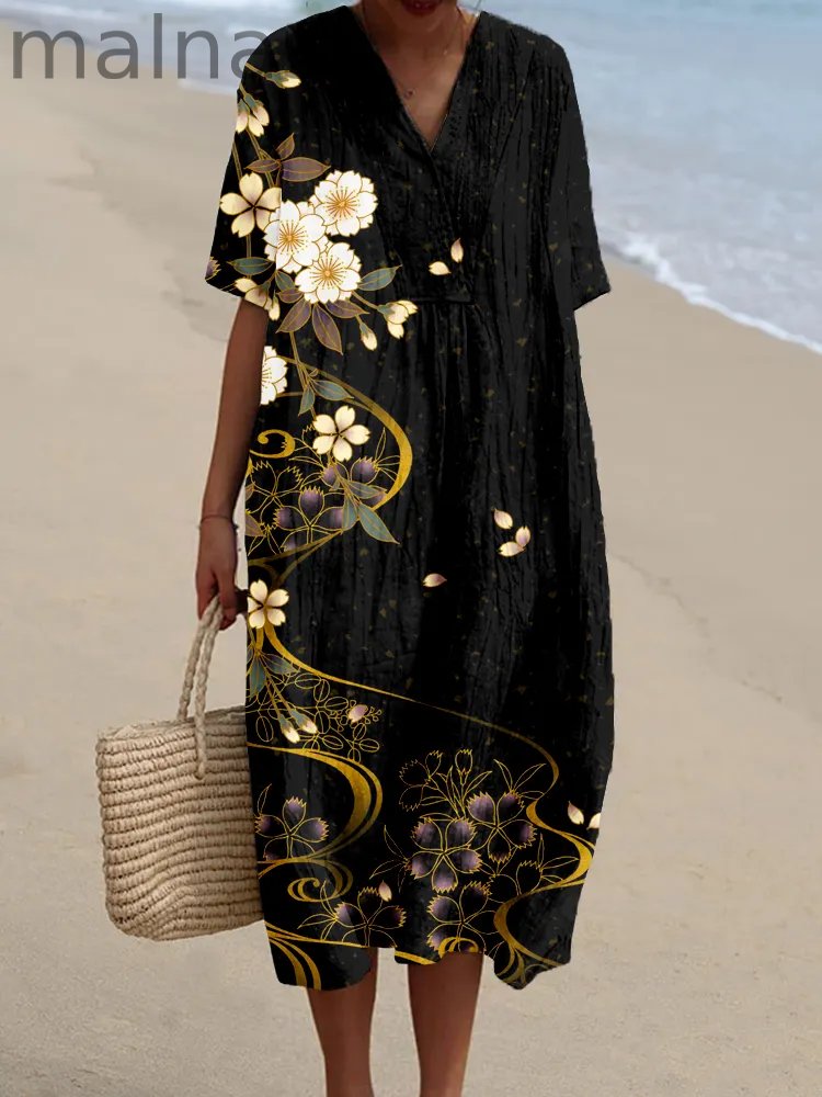 Japanese Cherry Blossoms Art Linen Blend Midi Dress
