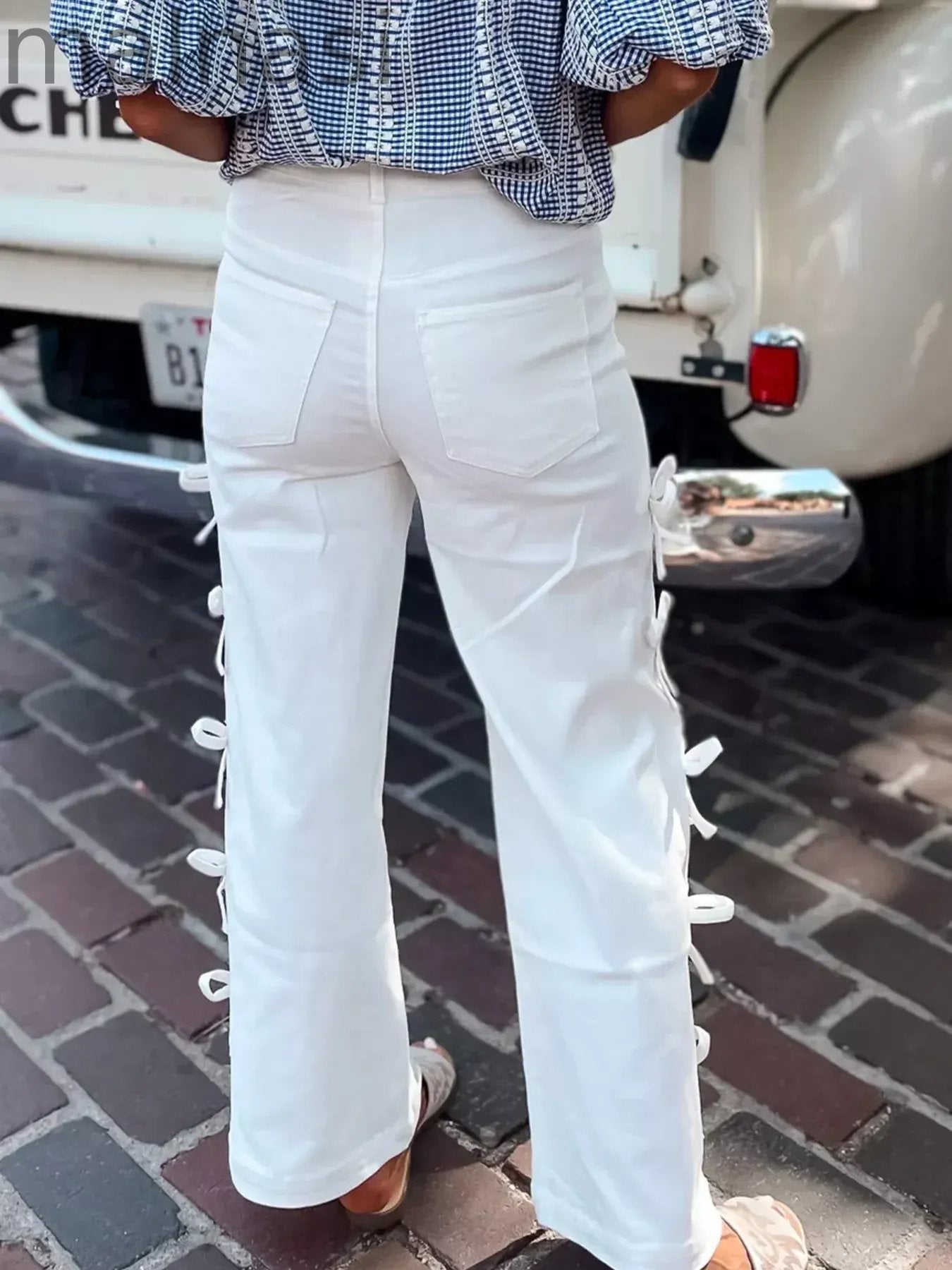 Bow-Accented Wide-Leg Pants