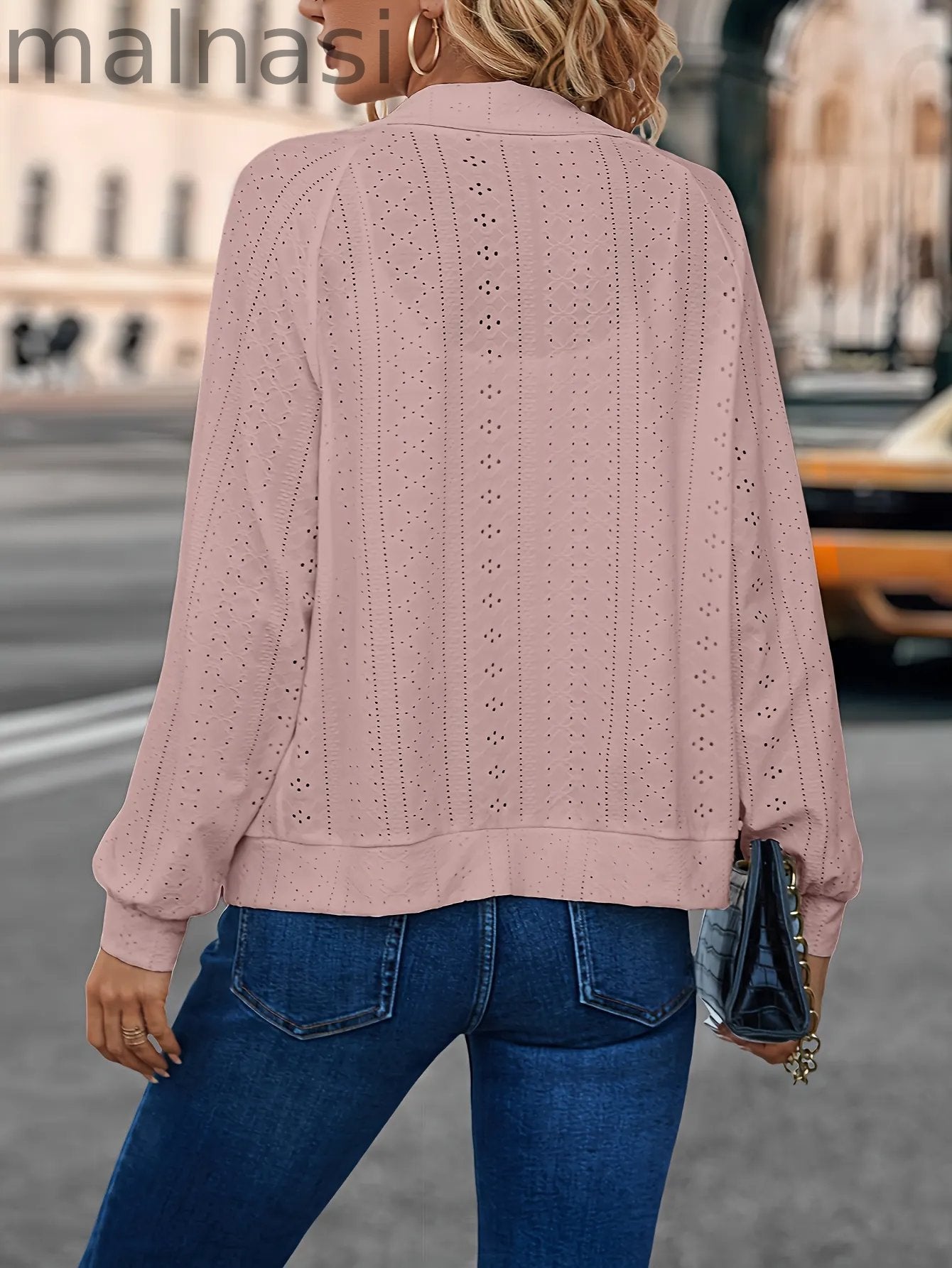 Eyelet Solid Zip Up Jacket, Casual Long Sleeve Comfy Outerwear, Women's Clothing