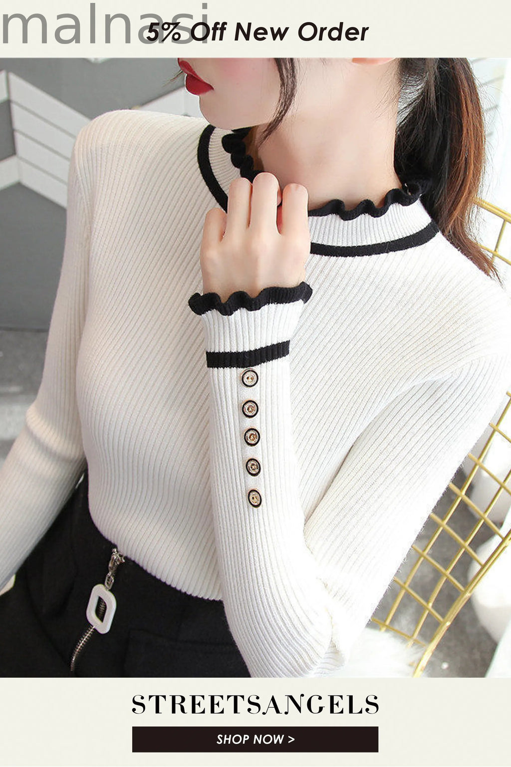 Sleek Button Ruffle Turtleneck Inside Slim Knit Sweaters
