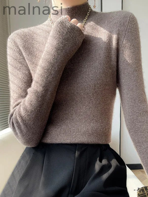 Casual Skinny Long Sleeves Solid Color Half Turtleneck Sweater Tops