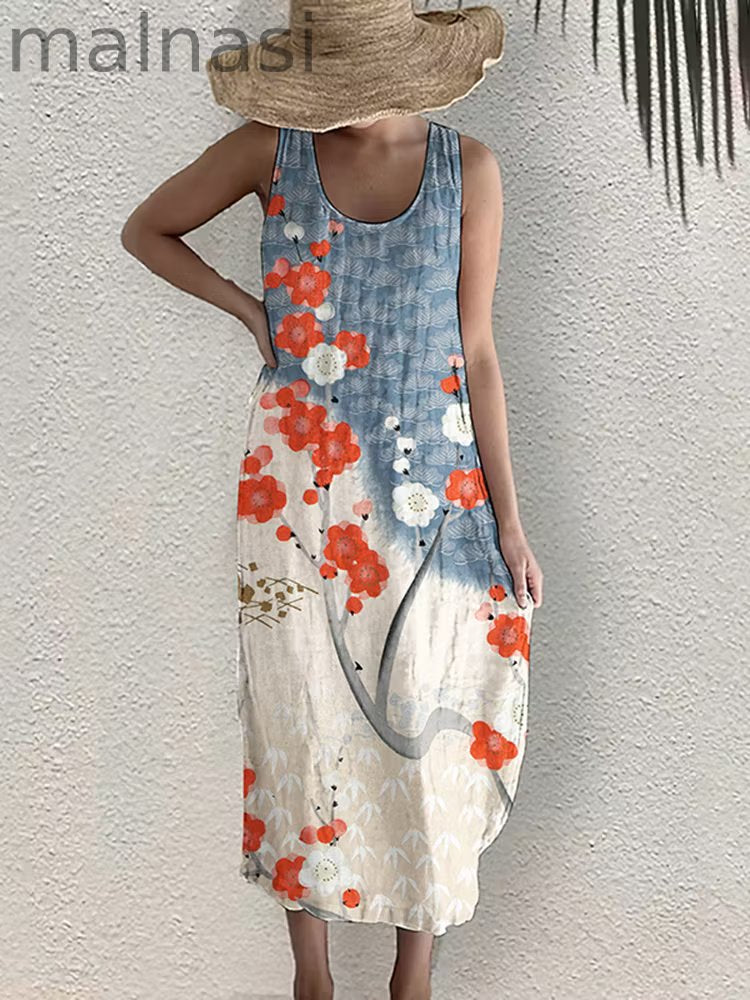 Japanese Art Flower Print Sleeveless Casual Midi Dress
