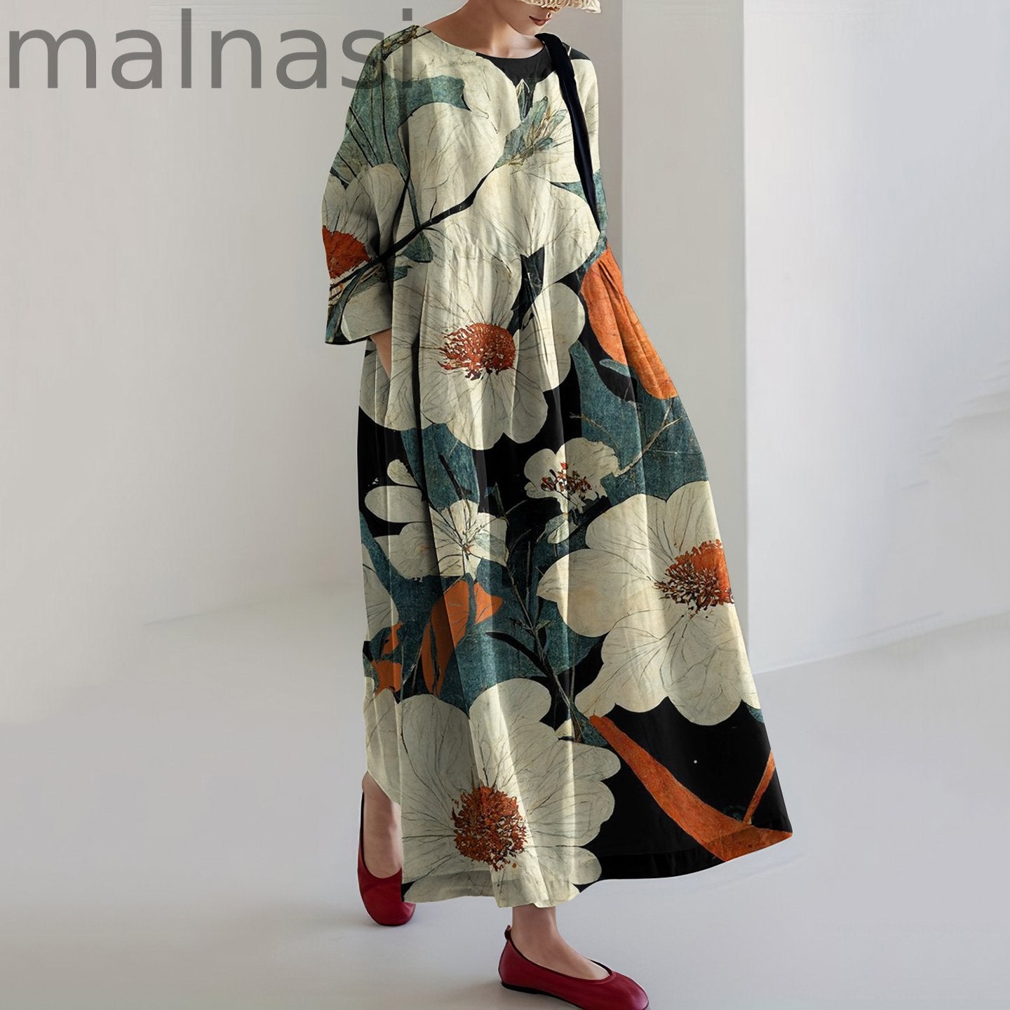 Vintage Japanese Art Floral Print Casual Midi Dress