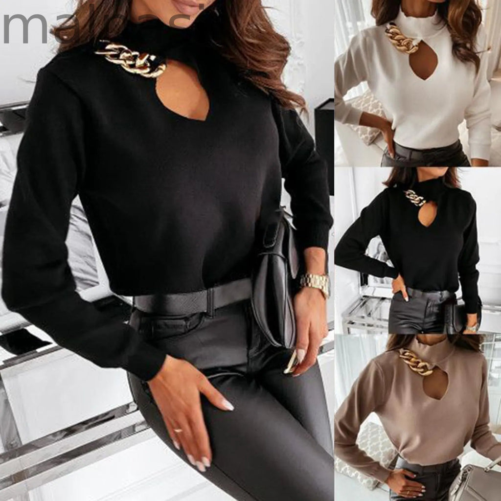 Sexy Top Cutout Chain Long Sleeve Turtleneck Elegant Knit Sweater