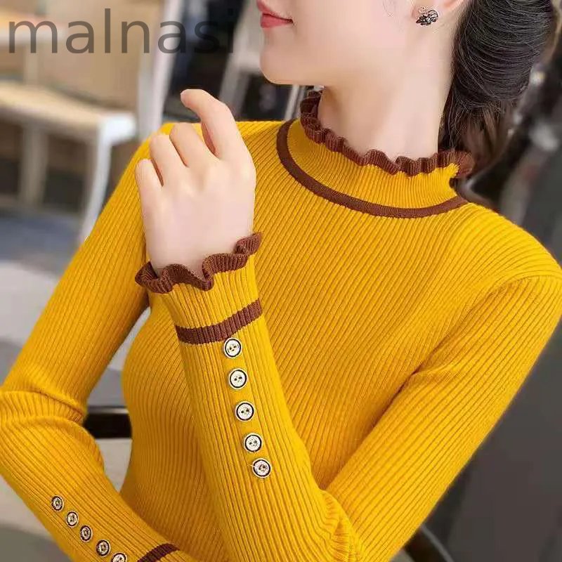 Sleek Button Ruffle Turtleneck Inside Slim Knit Sweaters