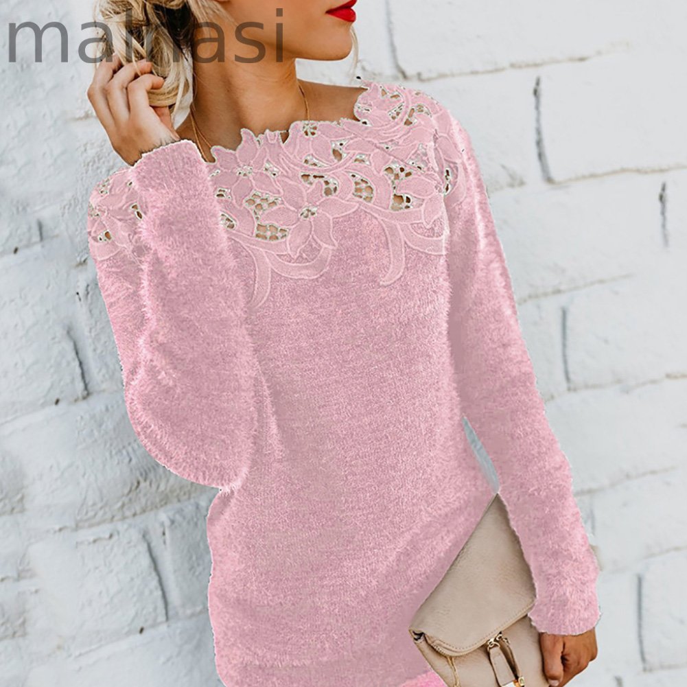 Loose Fashion Solid Color Long Sleeve O Neck Floral Lace Sweater