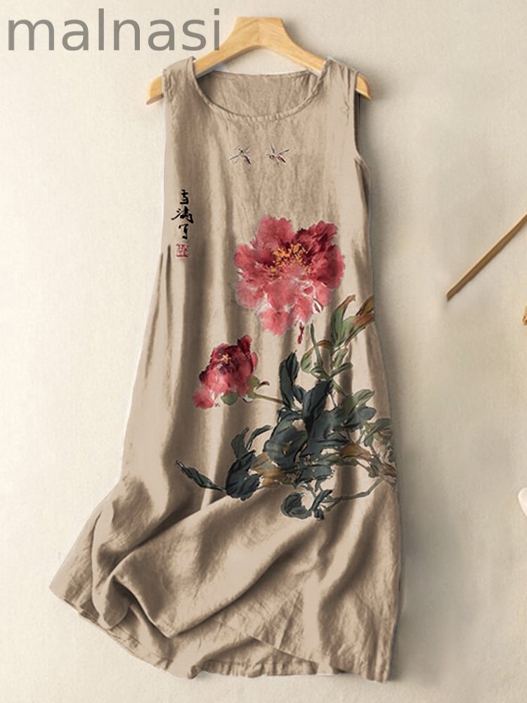 Vintage Japanese Ink Flower Calligraphy Art Print Sleeveless Cotton And Linen Midi Dress