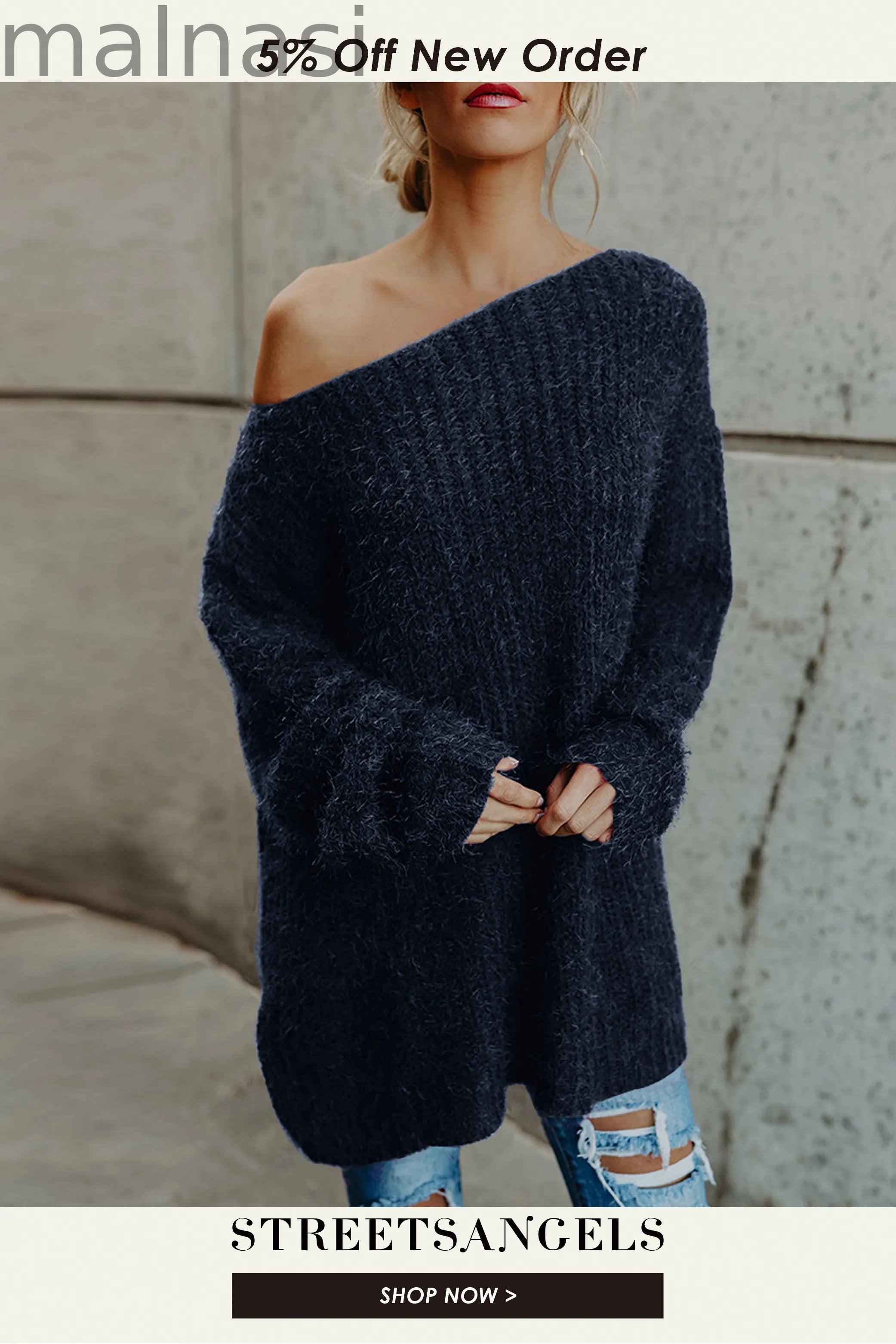 Fashion Off Shoulder Knit Batwing Casual Loose Sweater