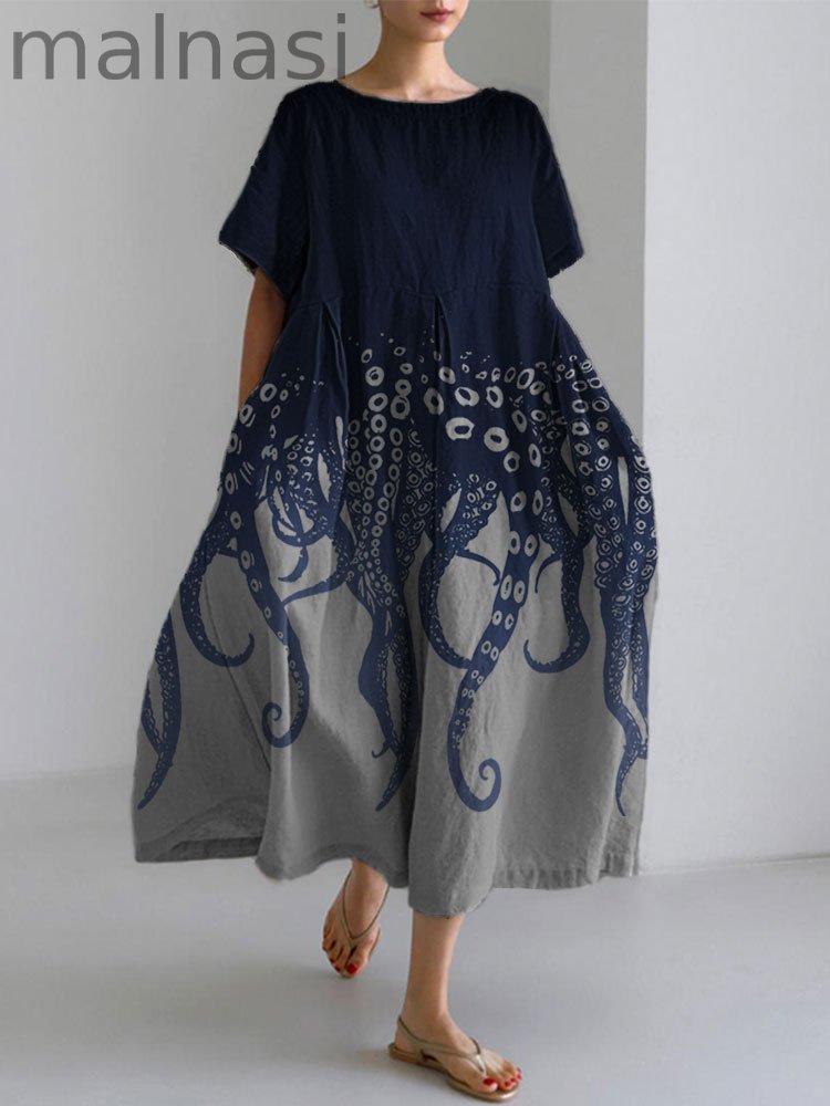 Ocean Octopus Japanese Art Linen Blend Casual Dress