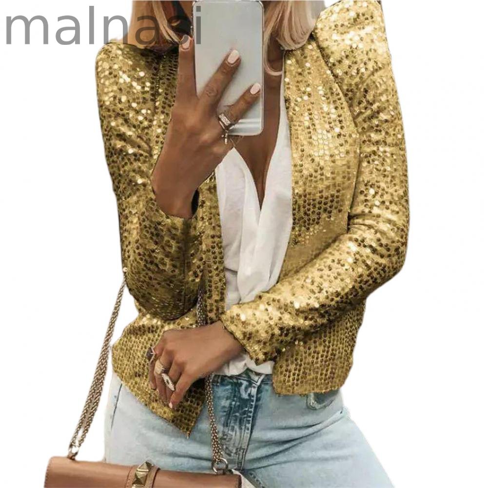 Trendy Party Crew Neck Smooth Sequined Puff Sleeve Jacket