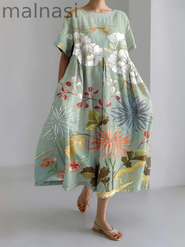 Japanese Art Flower Print Short Sleeve Loose Casual Midi Dress