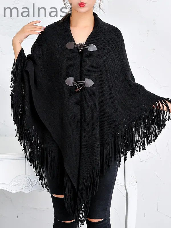 Loose Buttoned Keep Warm Tasseled Velvet Shawl&Scarf