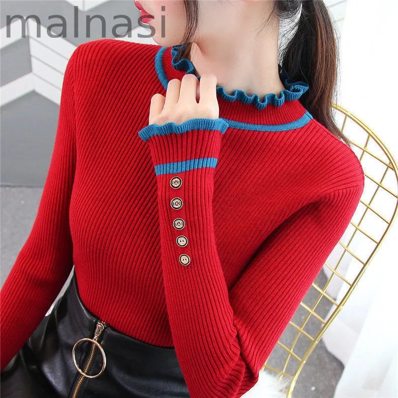 Sleek Button Ruffle Turtleneck Inside Slim Knit Sweaters