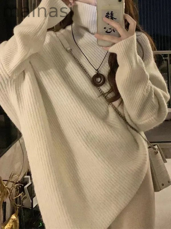 Velvet Solid Color Asymmetric Loose Long Sleeves High Neck Sweater Tops Pullovers Knitwear