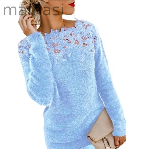 Loose Fashion Solid Color Long Sleeve O Neck Floral Lace Sweater