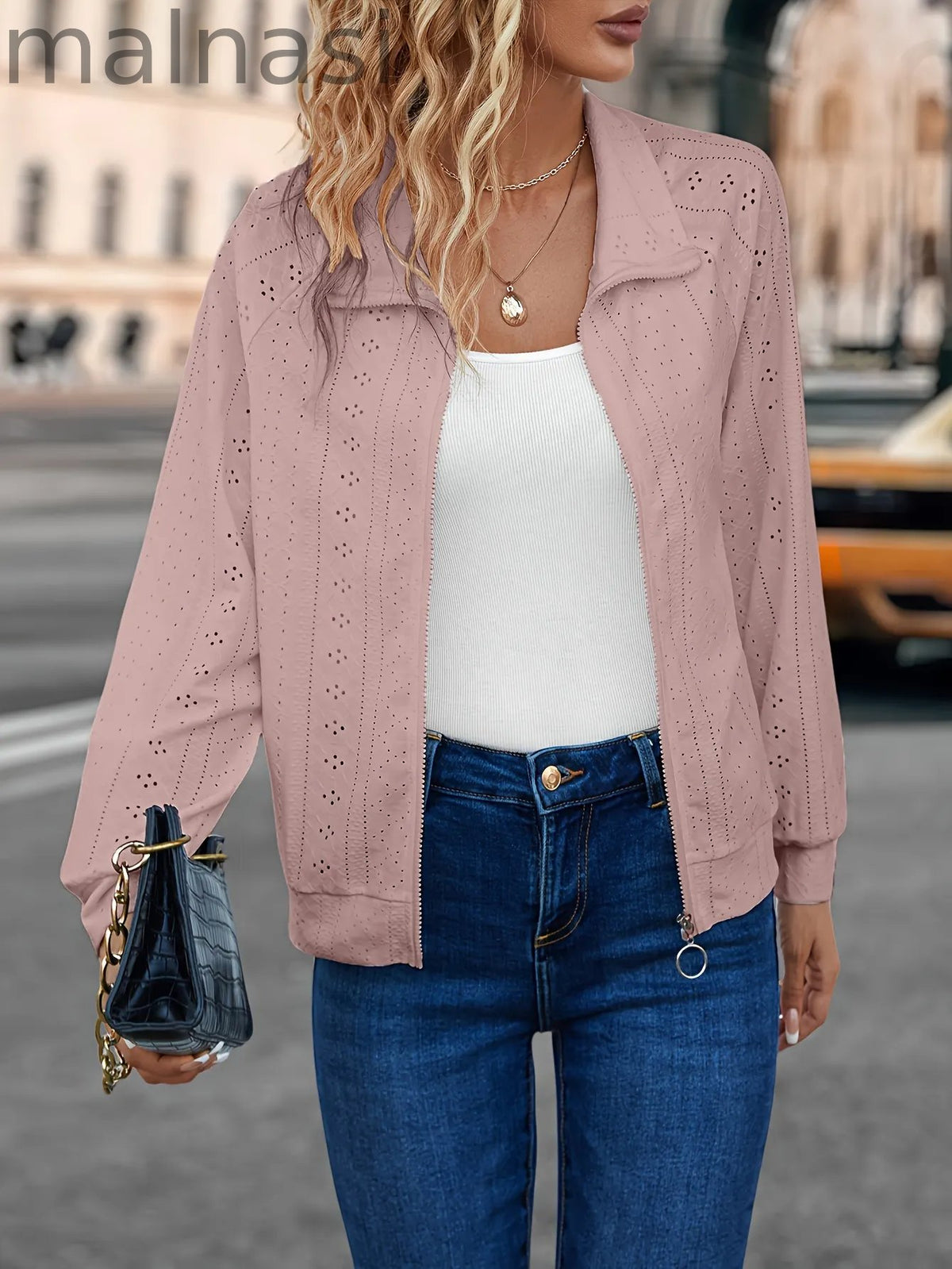 Eyelet Solid Zip Up Jacket, Casual Long Sleeve Comfy Outerwear, Women's Clothing