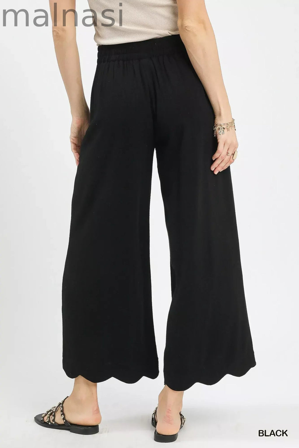 Linen Blend Scallop Hem Wide Leg Pants